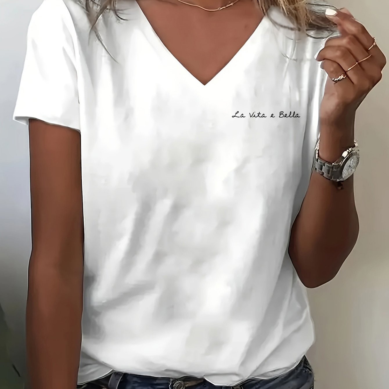 TEMU Letter Print T-shirt, Short Sleeve V Neck Casual Top For Summer And Spring, Women's Clothing