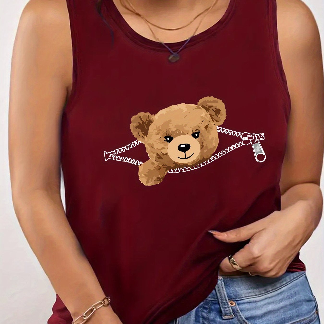 TEMU Plus Size, Women's Plus Size Cute Bear Print Sleeveless Top - Round Neck Casual Summer Blouse, - Machine Washable Outfit Essential With Bear &