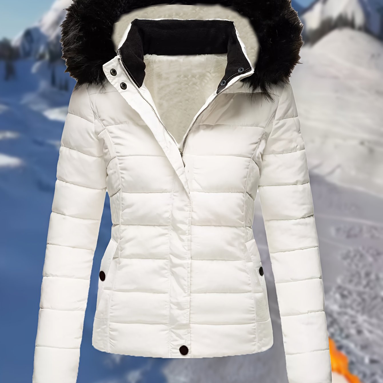 Image of Women's Winter Quilted Jacket Thickened Winter Jacket Fuzzy Lined Coat Short Hooded Zipper Button Pockets Decoration