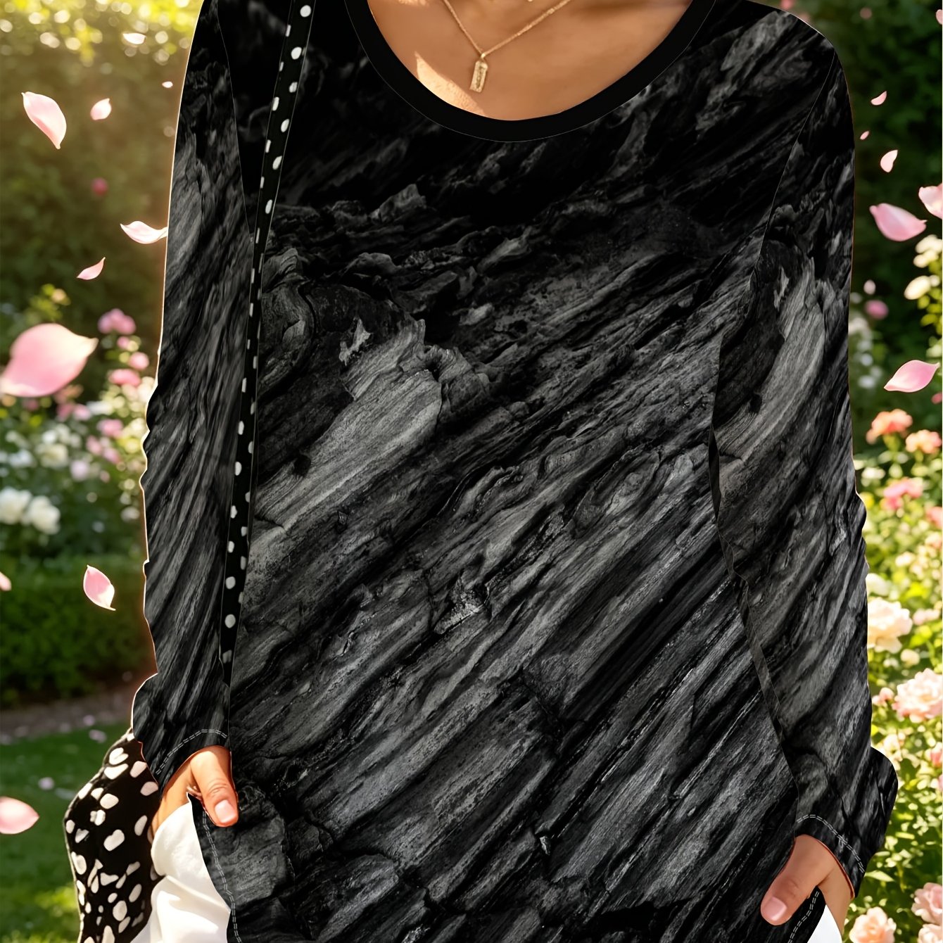 TEMU Plus Size Casual Women's Black Long Sleeve Top, Women's Loose Round Neck T-shirt, Fashionable Casual All-match Style