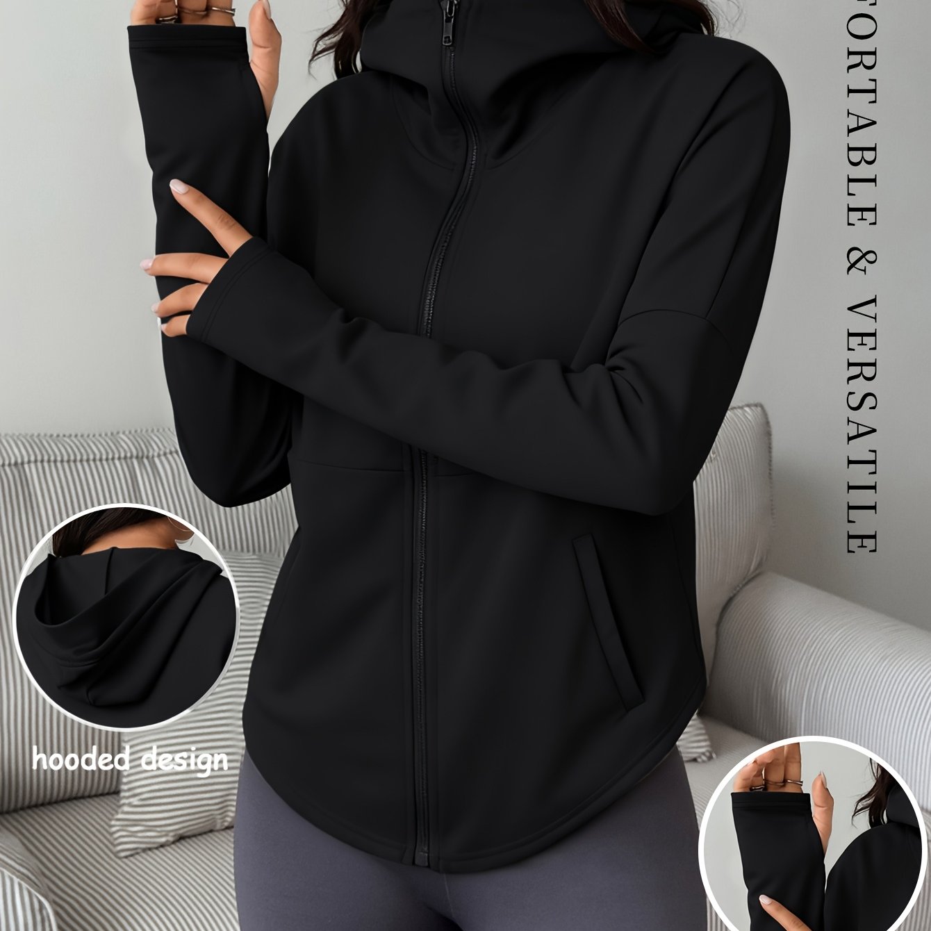 Image of Women's Sporty Solid Color Hooded Jacket With Pockets - Machine Washable Outerwear, Casual Athletic Coat For Gym, Commuting & Casual Attire, ( In,,, Navy) - & Use