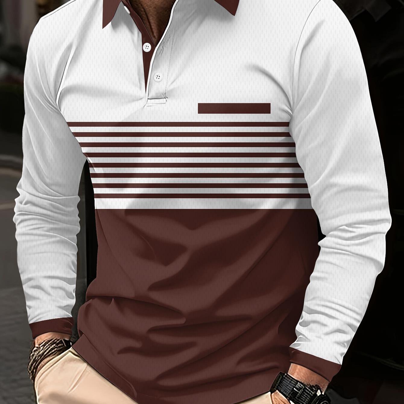 TEMU Polo décontracté pour homme à manches longues, col et boutons, coupe slim, à de couleur blanc et marron avec imprimé à rayures, pour , , ,
