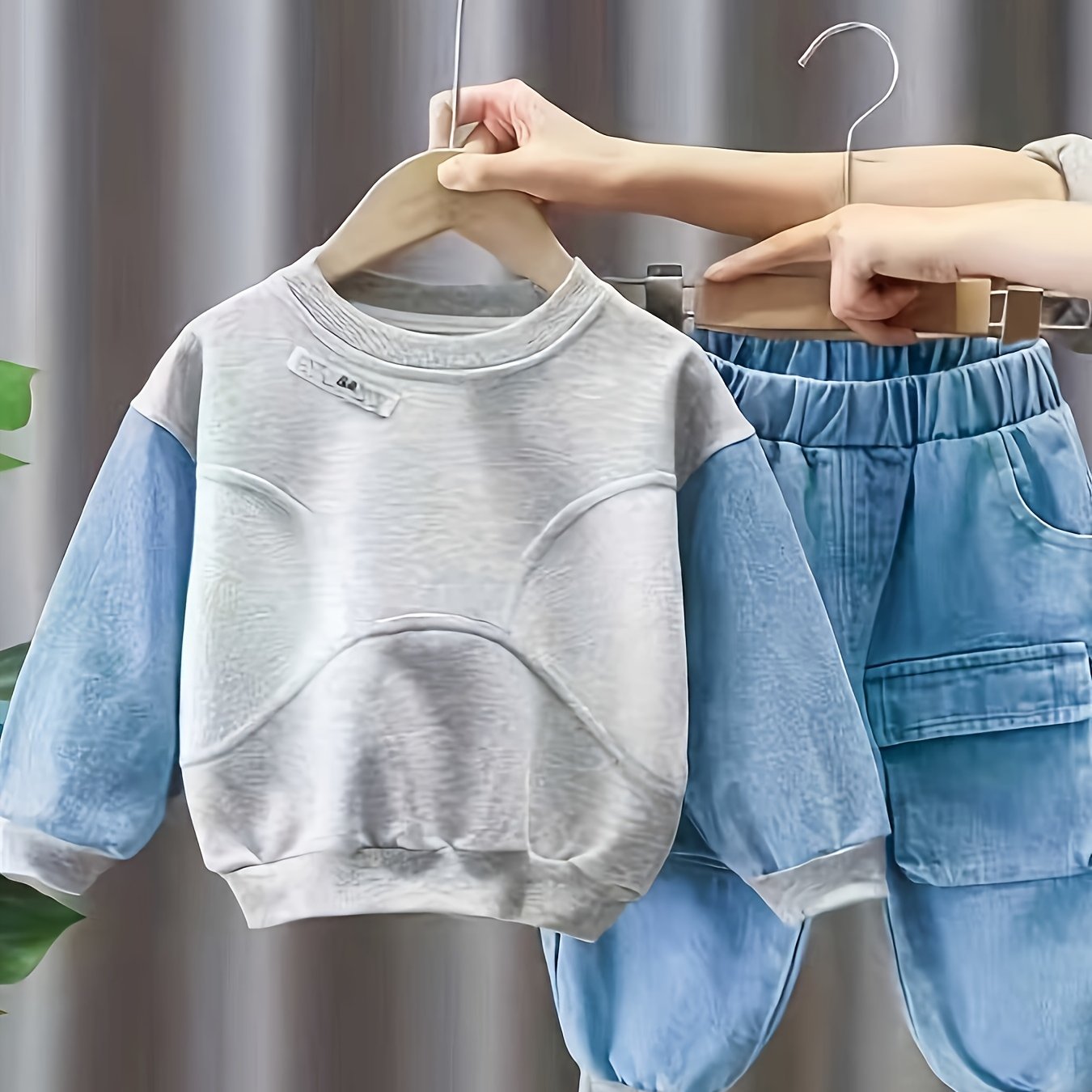 Image of Spring And Autumn Baby Boys Color Block Long Sleeve Sweatshirt And Jeans Pants 2pcs Set, For Outdoor