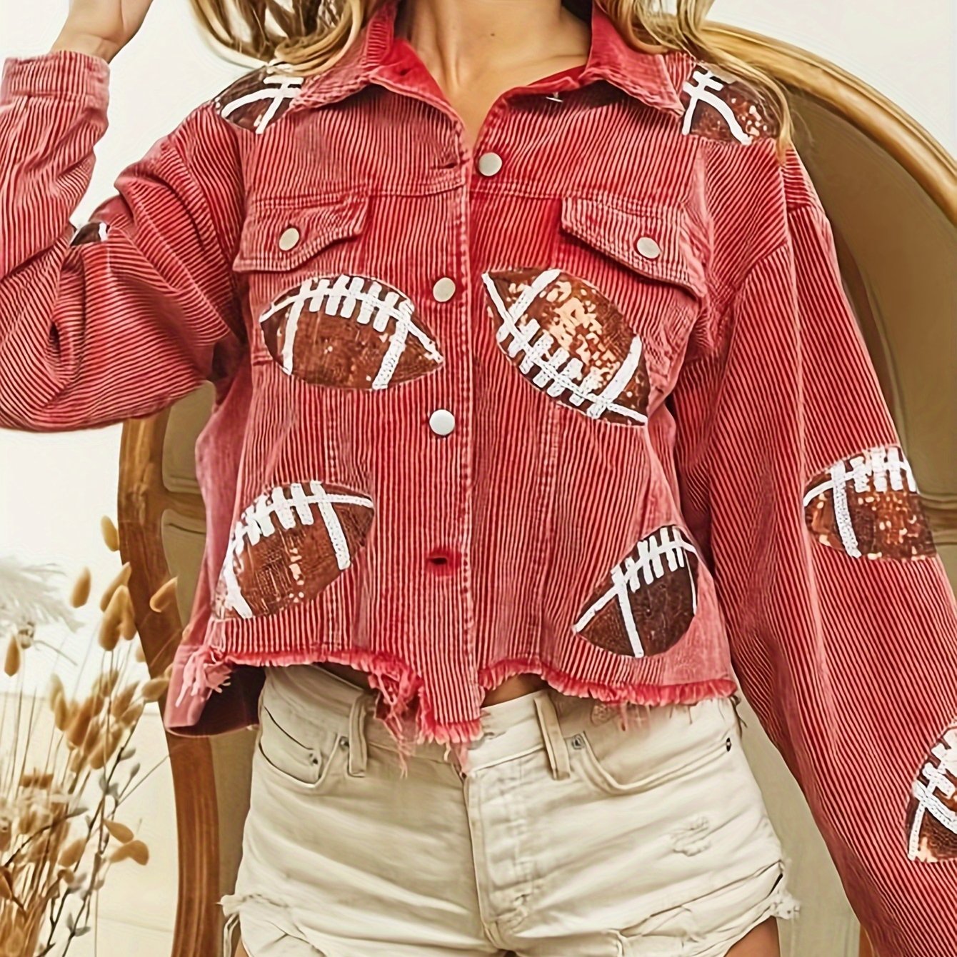 Buoniyk Women's Sequin Short Shacket With Pockets, A Distressed Cropped Corduroy Jacket With Button