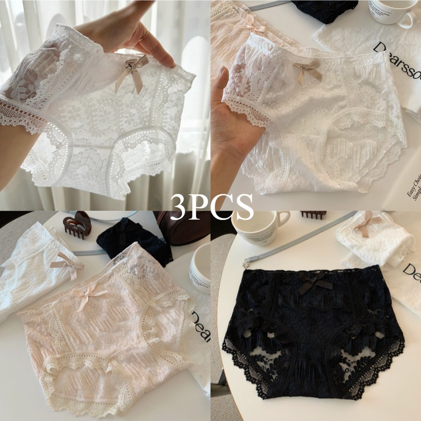 Image of 3pcs Women's Full Lace Underwear - Transparent Suitable For Teenage & Small Sizes, -hugging Mid-high Waist Panties, Breathable Extended Length Full Coverage Lingerie, Solid Color For Casual Attire