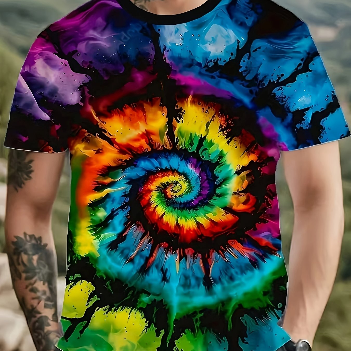 TEMU 2026 Summer New Arrival Men's Polyester Short-sleeve Casual Sport Top, Style Printed Tie-dye T-shirt