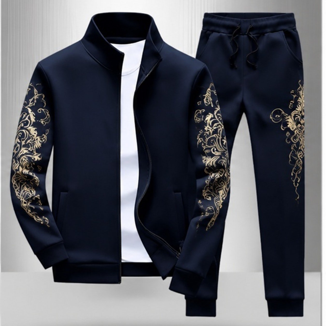 Image of Plus Size Men Autumn Winter Casual Matching Set Men's 2pcs Outfit Golden Pattern Track Suit Street Style Relaxed Fit Daily Wear Outdoor Comfortable Soft Lightweight Durable , Plus Size