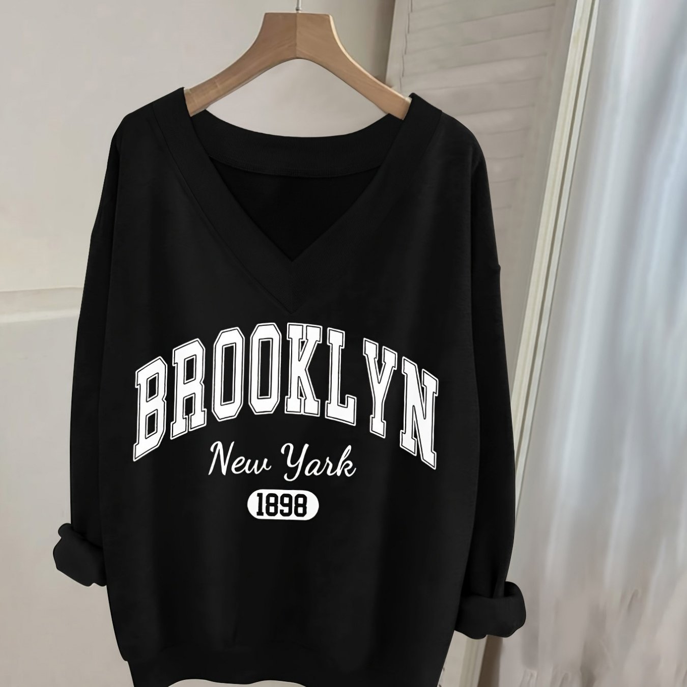 TEMU A Casual Long-sleeve V-neck Sweatshirt With Letter Prints, Women's Clothing.