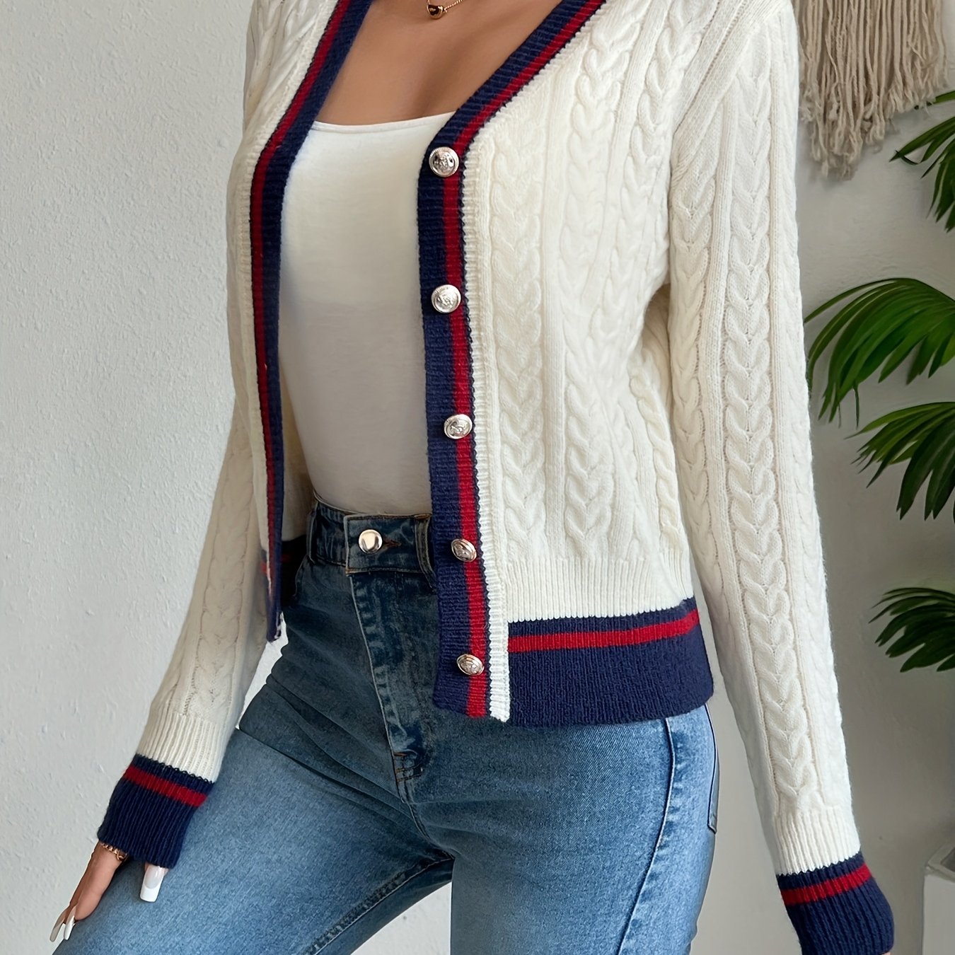 Women's Colorblock Striped Cardigan - Slim Fit V-neck Long Sleeve Cover-up