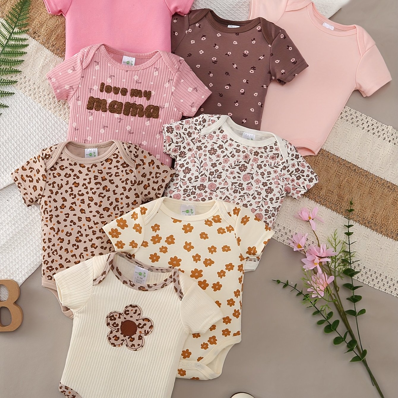 Image of Baby Girl 8pcs Set Cartoon Embroidery Pattern Short-sleeved Comfortable Soft Triangle Romper&outfit&homewear, For Outdoor