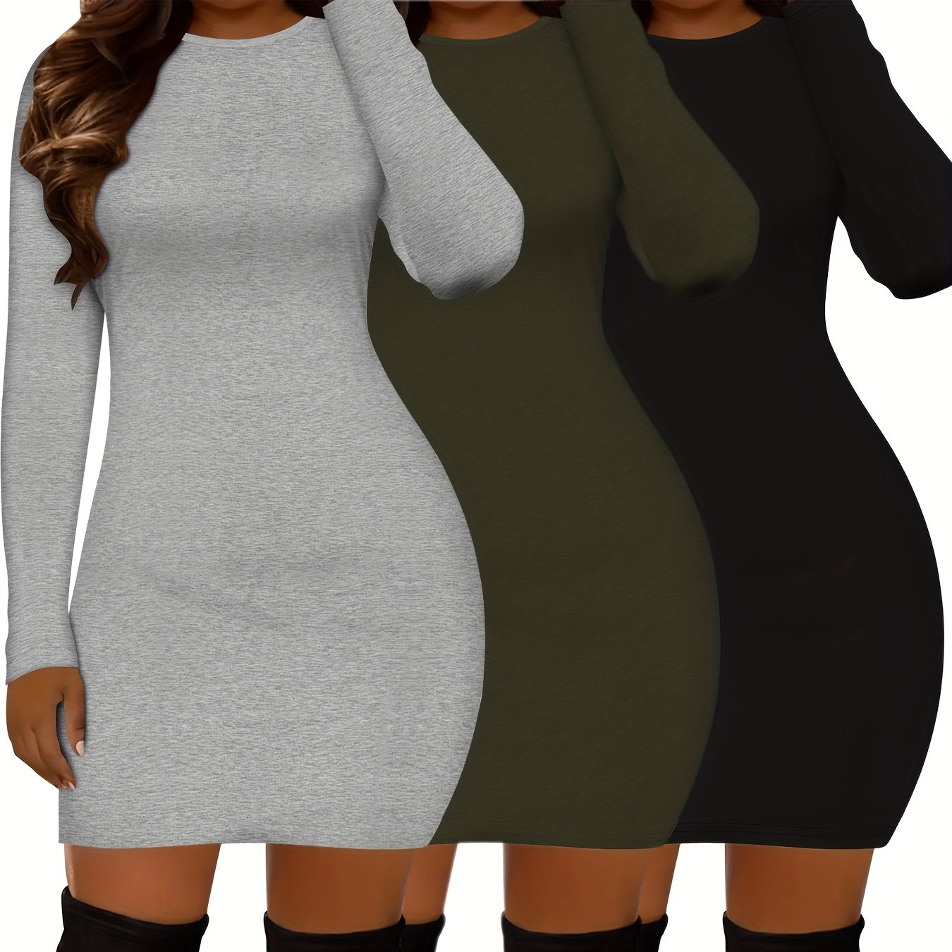 Image of 3pcs Set Solid Color Elegant Casual Round Neck Long Sleeve T-shirt Dress New Women's Tight Half Skirt Autumn Winter Women's Top Mid-long Length -hugging Dress