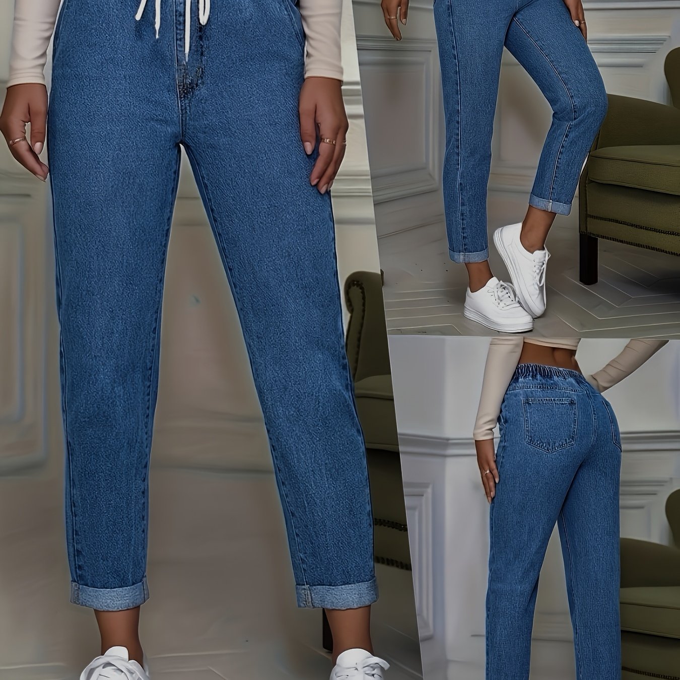 Image of Elastic Waisted Blue Jeans For Women And Autumn, New High Waisted Figure Enhancing Cropped Pants