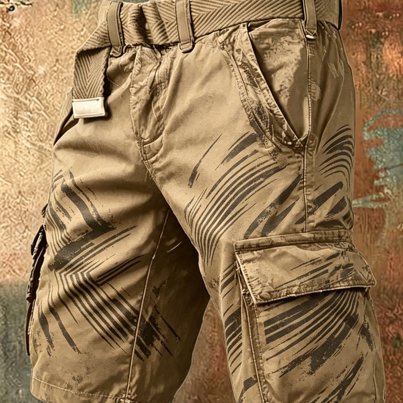 Image of Men's Khaki Black Line Geometric Print Cargo Shorts, Tactical Military Style Multi-pocket Cargo Shorts With Khaki, No Belt