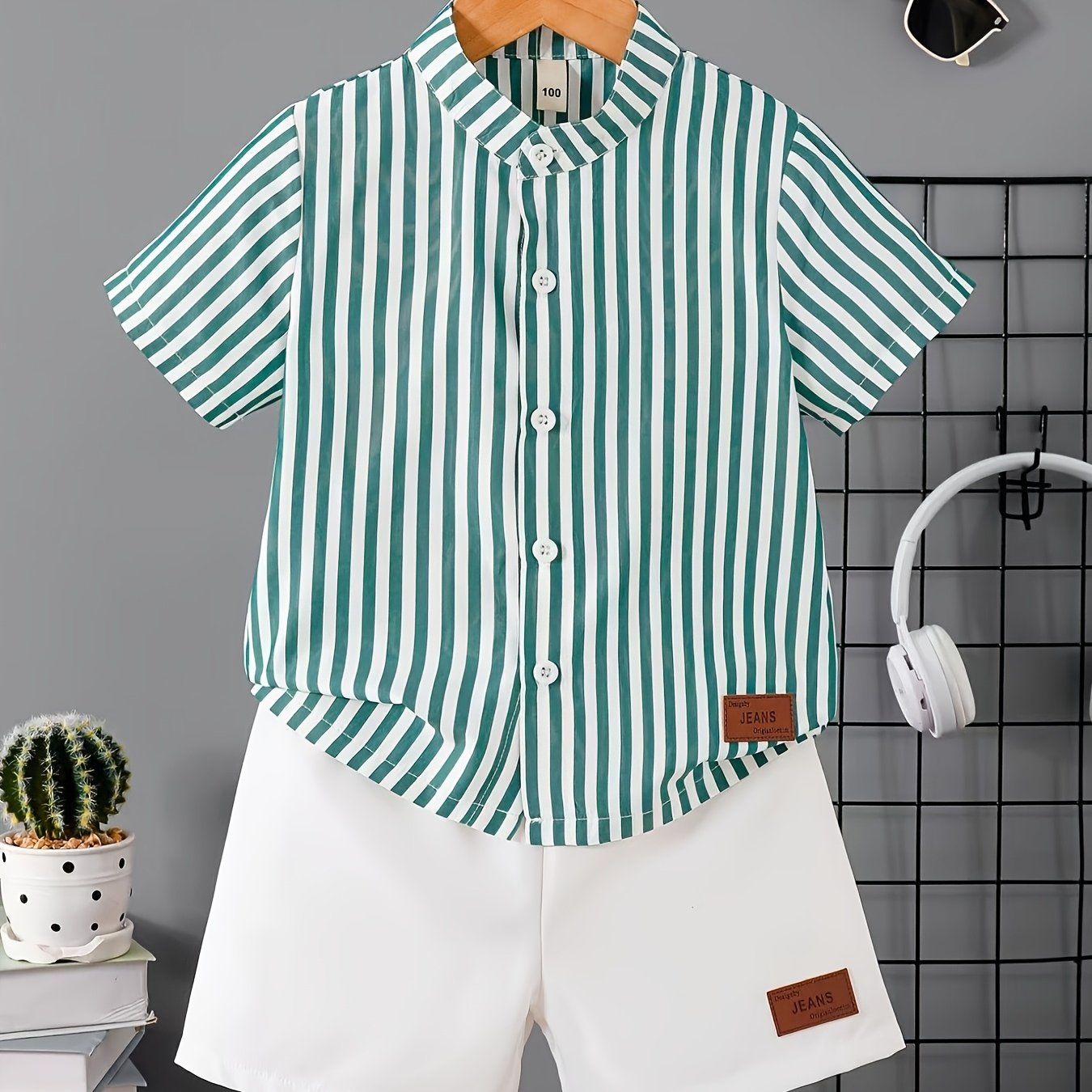 TEMU Boys' Summer New Arrival Set: A Casual Stand-collar Short-sleeve Shirt With Lightweight, Breathable Shorts In A 2pcs Set. Features Classic And