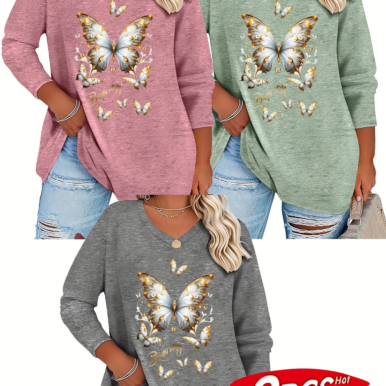 TEMU Plus Size - Plus Size - [versatile T-shirt Three-piece Set] /summer Plus Size Women's Fashion Long Sleeve V-neck T-shirt 3pcs Set, Women's