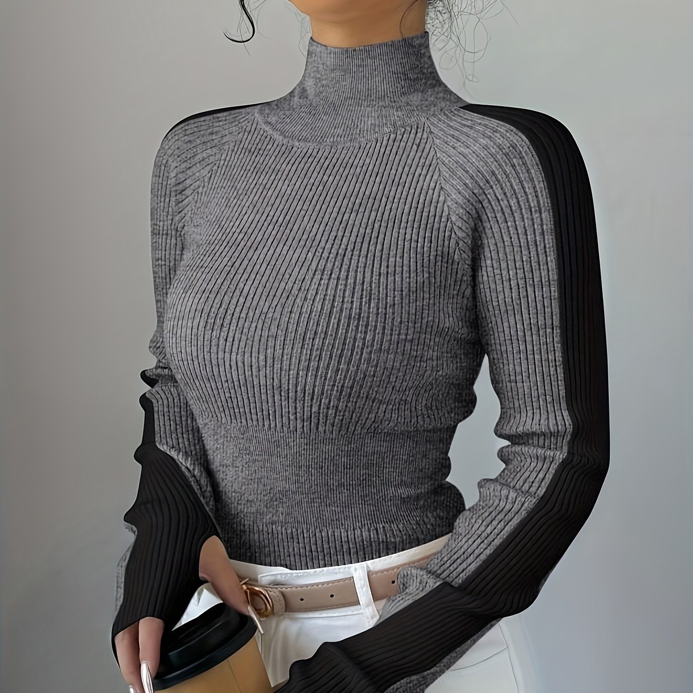 TEMU Contrast Color Turtleneck Comfortable Layer Top