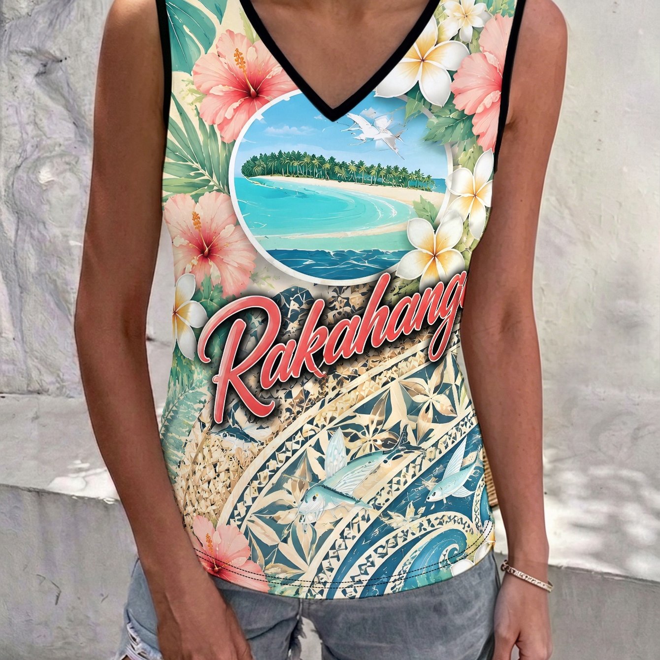 TEMU Rakahanga Floral Print Women's V-neck Vest Printed Design - Not Textured/embroidery/sequins