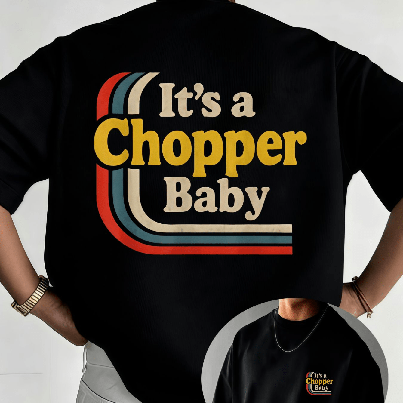 Image of " A Motorcycle Baby" Retro Style Men's T-shirt- Stylish Crew Neck Design, Unique 70s Car And Motorcycle Elements, Yellow Lettering With Red, And Beige Layered Stripes, Background, Plus Size