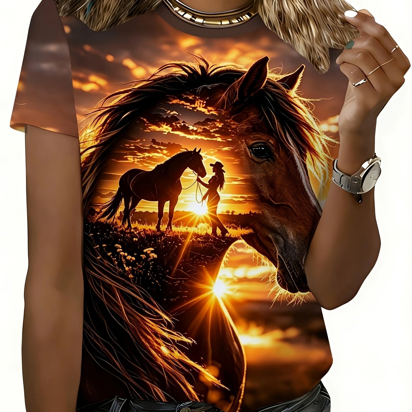TEMU Printed Design - Not Textured Women's Casual Round Neck Short Sleeve T-shirt, Vintage Western Horse Sunset Cowgirl Print, Color-block Top,