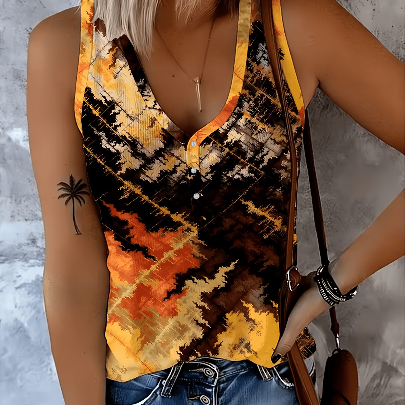 TEMU Women's Vintage Tie-dye Gradient Sleeveless Vest, Orange Yellow Black Contrast Ombre Print V-neck Button-up Top, Bohemian Style Casual Versatile