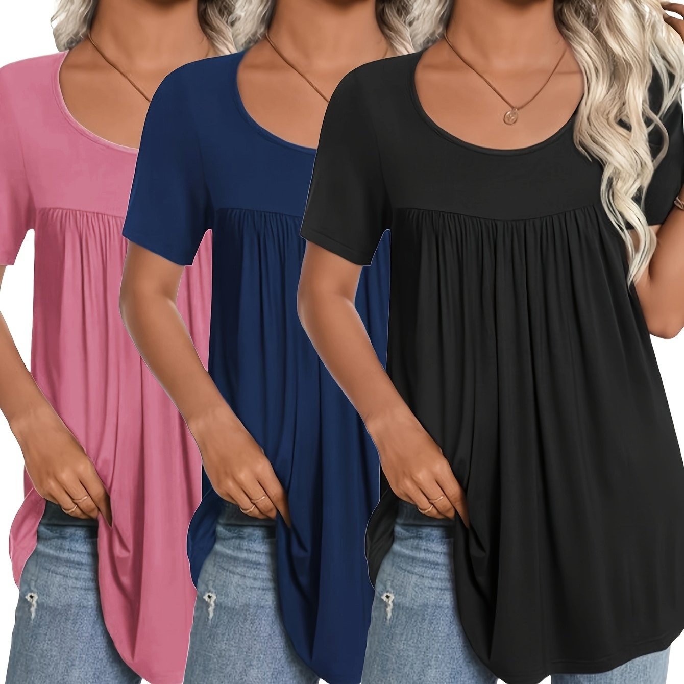 Image of 2025 3pcs Set: European And Women's Comfortable Summer Shirt, Short Sleeve, Loose Fit, Round Neck, Pleated T-shirt