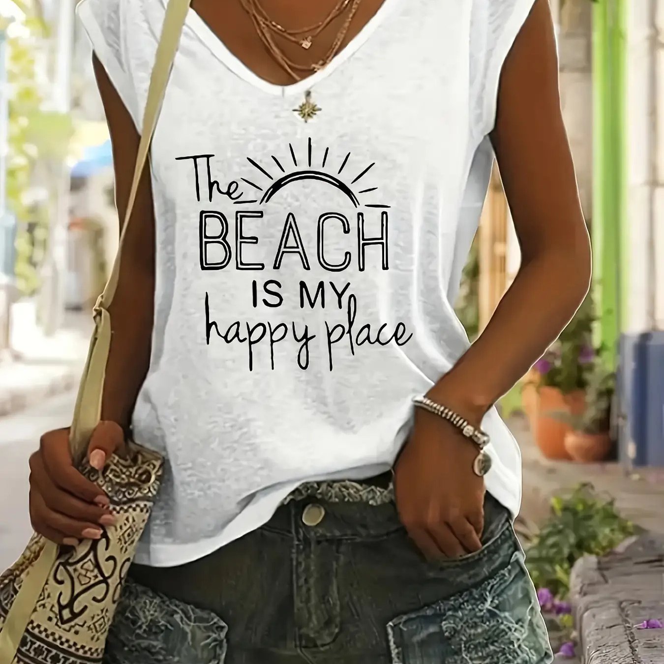 TEMU Plus Size, Plus Size- Wish Women's Casual V-neck Short Sleeve T-shirt- 'the Beach Is ' Print Pattern, Loose Fit Summer Top, Machine Washable