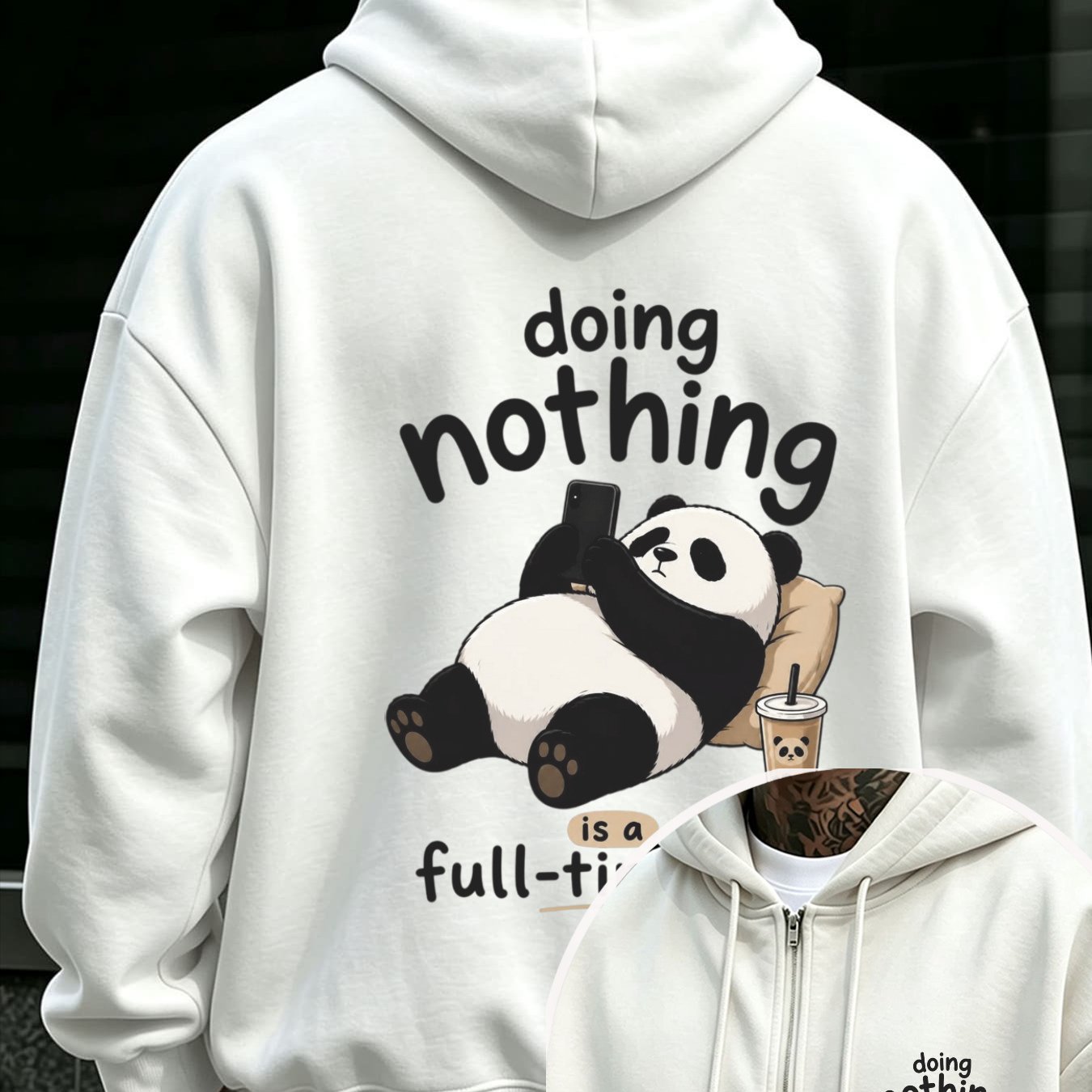 Image of Autumn/winter 's Hooded Sweatshirt Loose Fit Cartoon Panda Street Style Drawstring Hoodie With Pockets Zipper Detail