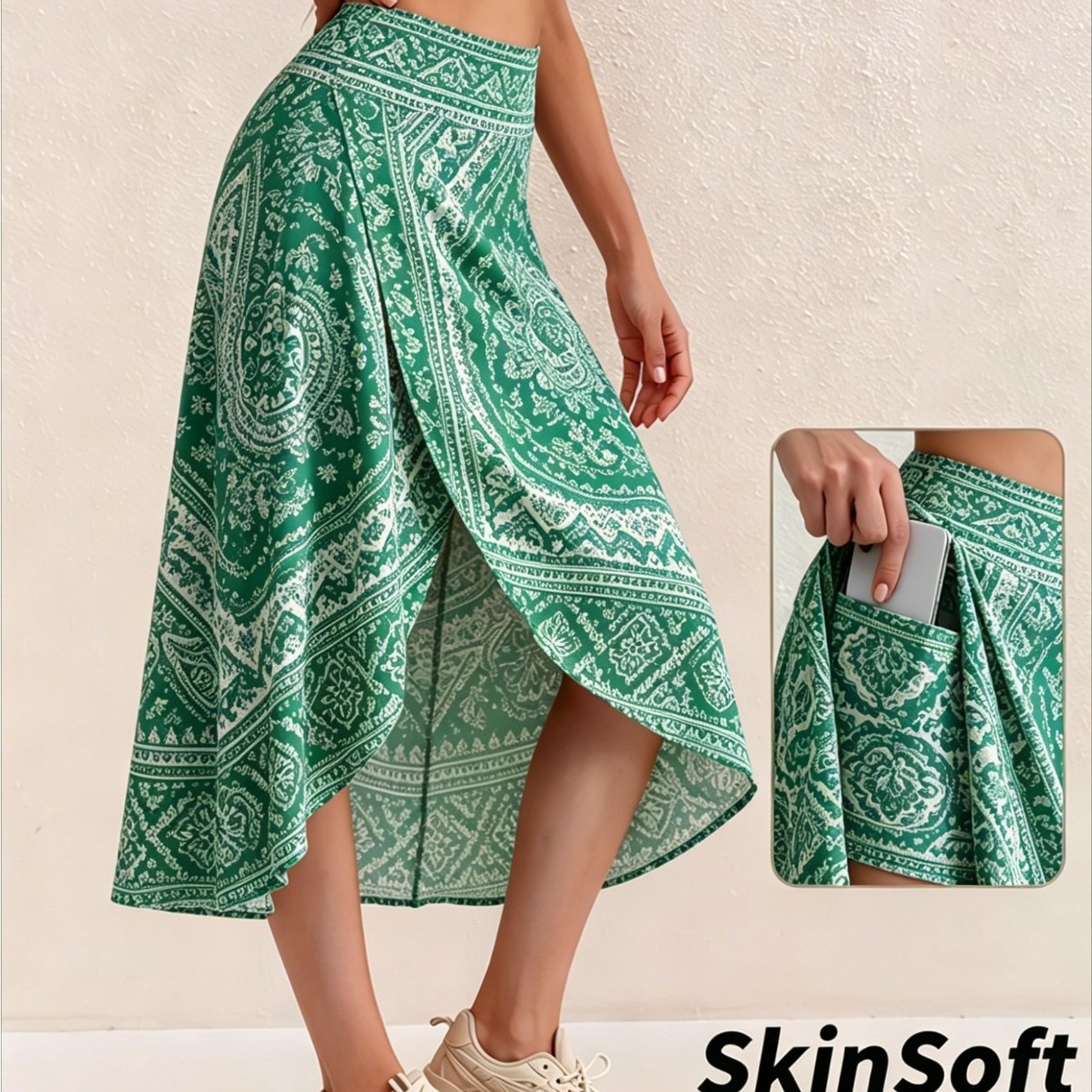 Image of Yellow Boho Paisley Print Split Wrap Skort Women's Flowy Athletic Skirt With Built-in Shorts And Functional Pockets For Running Walking Dance And Outdoor Activities