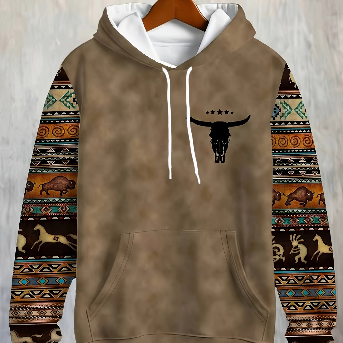 TEMU [print Design-not Textured] Men's Ethnic Style Totem Pattern Print Hooded Sweatshirt, Trendy Pattern Design Casual Sports Pullover, Individual