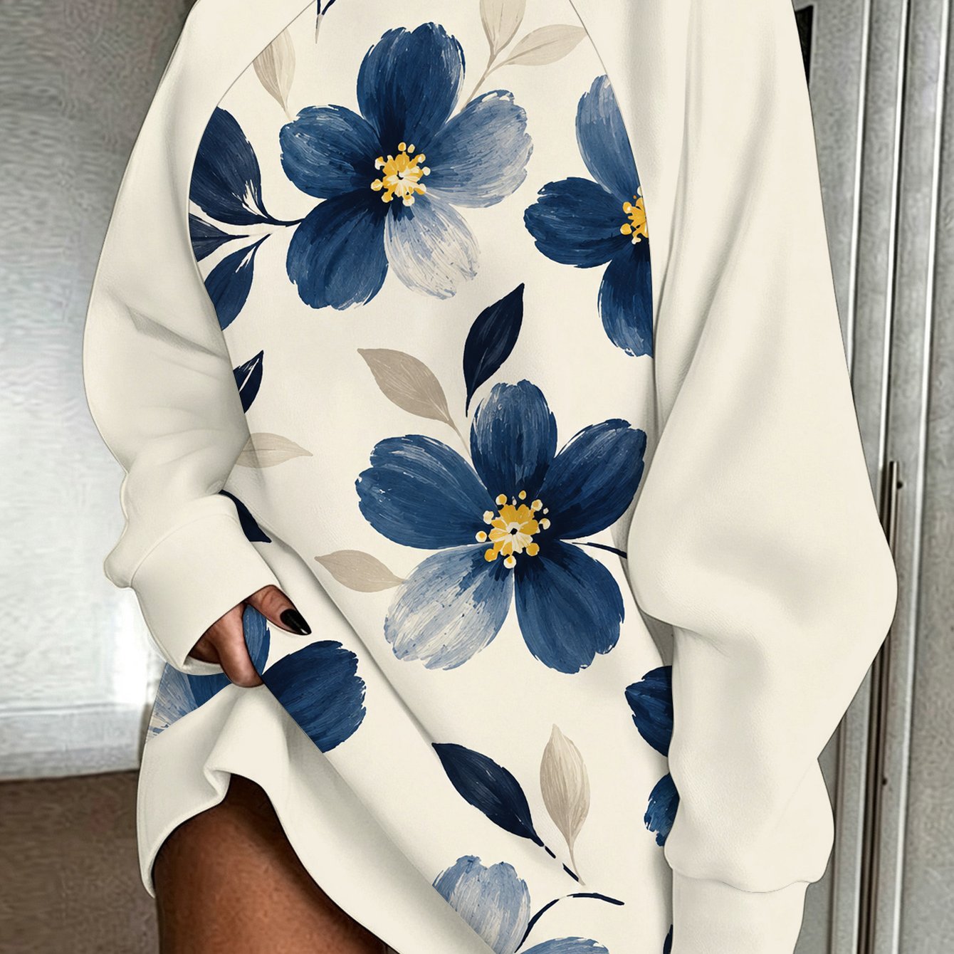 TEMU Elegant Blue Floral Print Womens Sweatshirt Autumn Winter Long Length Office Travel Holiday Casual Wear