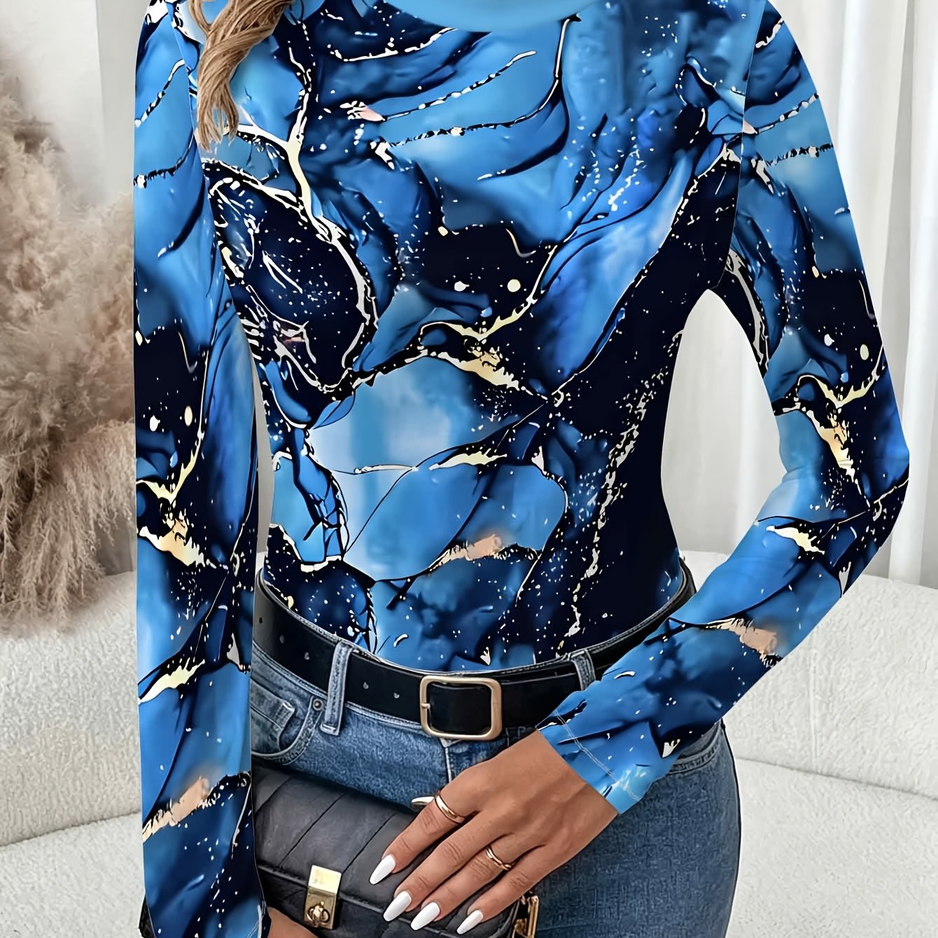 TEMU High-neck Long Sleeve Blue Marble Print Slim Fit T-shirt, Versatile Inner Layer Long Sleeve Top