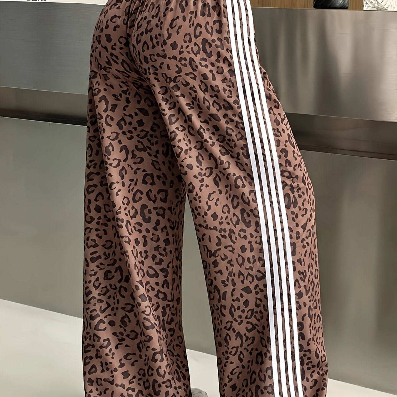 TEMU Pantalon droit à jambes fuselées et à pinces pour femme, à rayures latérales et imprimé léopard marron, style rétro Y2K tendance pour et l'été