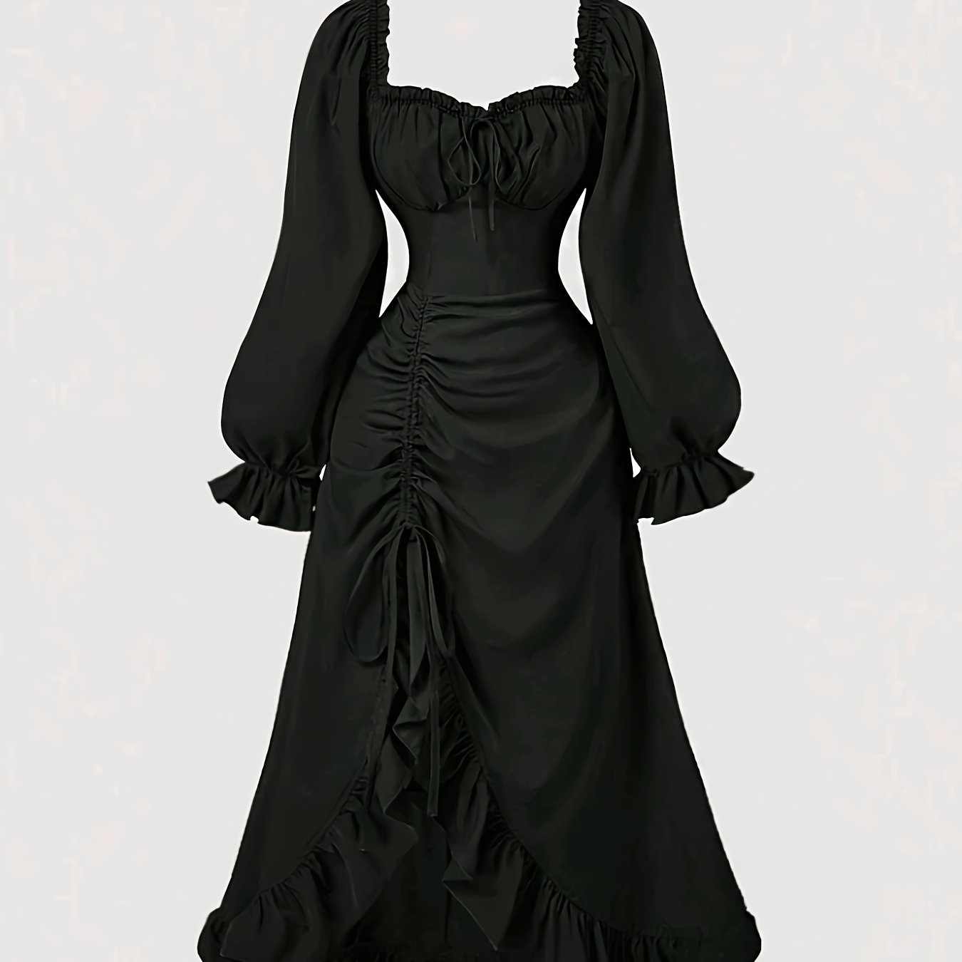 TEMU Vintage Square Neckline Puff Sleeve Drawstring Ruffle Hem Women's Maxi Dress