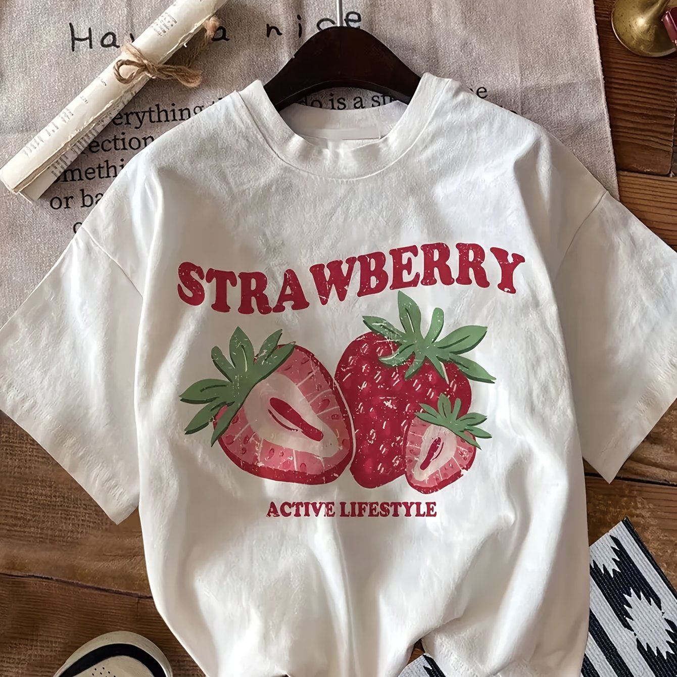 Women's Casual Y Crew Neck T-shirt With Strawberry Cartoon Print And 'lifestyle' Slogan - White With Red Graphic, Machine Washable, Spring/summer , , Soft Texture Shirt
