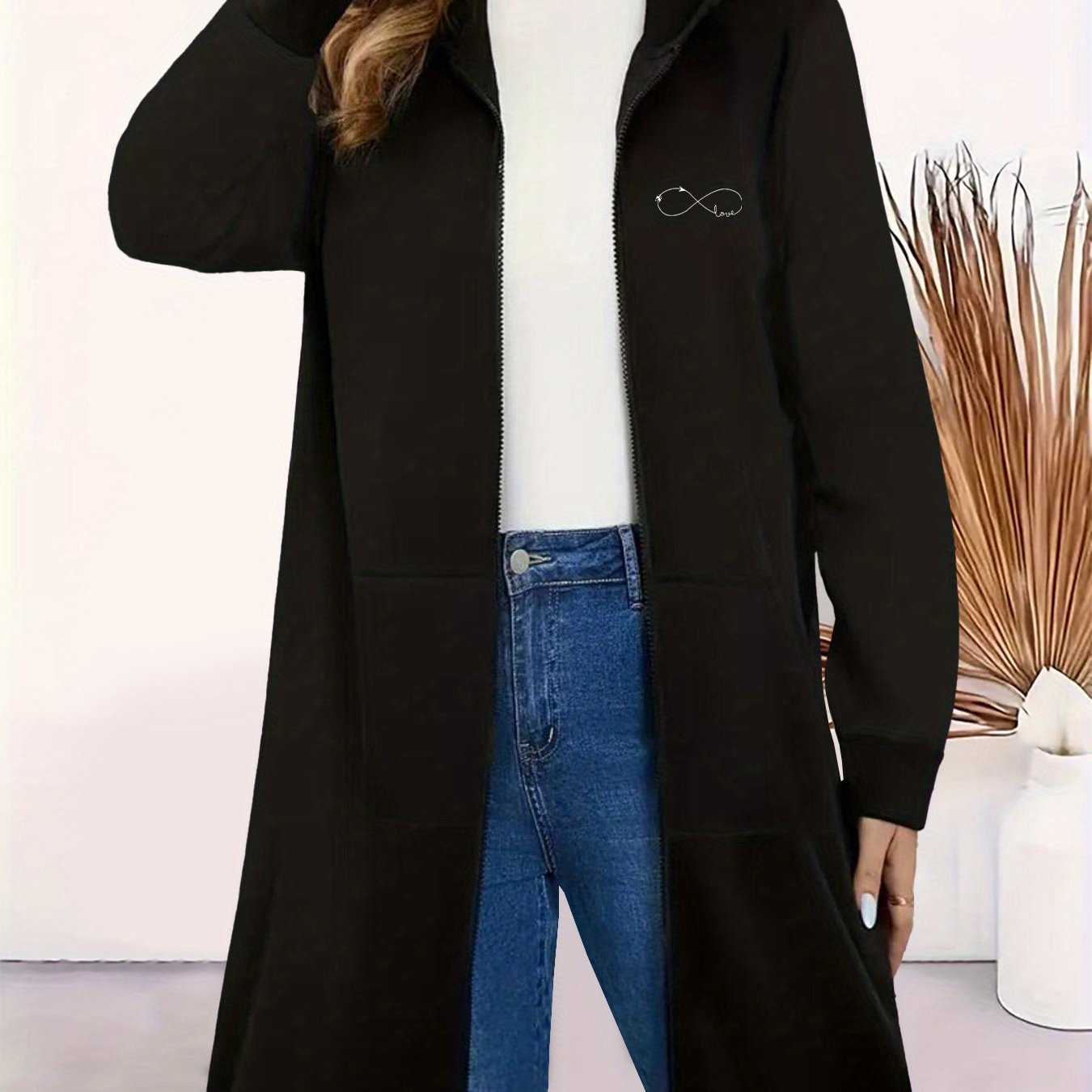 TEMU Fashion Print Long Women's Loose Hooded Zipper Pocket Cardigan Trench Coat