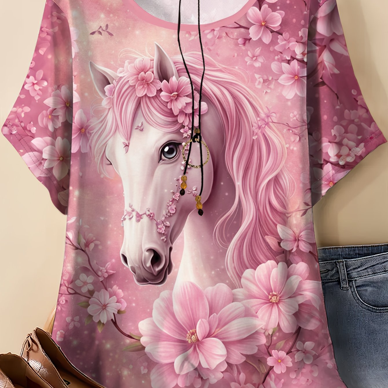 TEMU Plus Size - Plus Size - Plus Size Women's Pink Unicorn Print T-shirt, Casual Round Neck Short Sleeve Top, Suitable For Summer Outdoor Wear