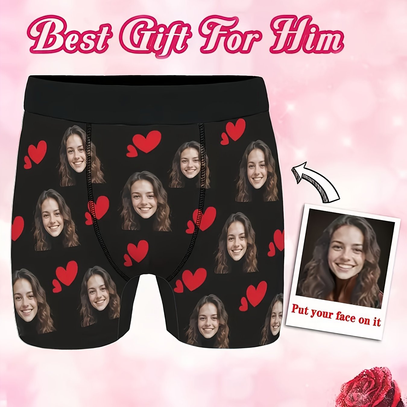 TEMU Skreddersydde Foto- og Hjerteprint Herreboxershorts - Personlig Valentinsgave til Ham, Svart med Hjerter, Stretch Vaskbar Undertøy