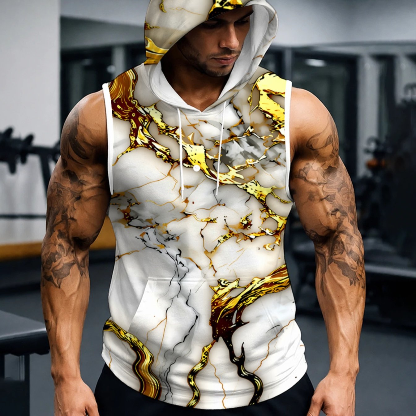 TEMU Men's Hooded Sleeveless Top With Unique Golden Pattern Print, Comfortable And Breathable, Suitable For Sports, Fitness, Daily Wear, Fashionable