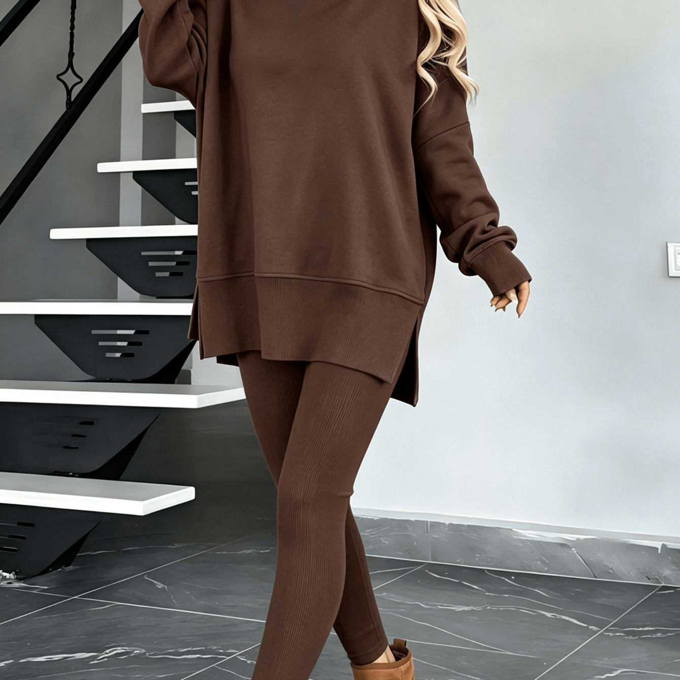 TEMU Women's Loose-fit 2pcs Loungewear Set: A Round-neck Hoodie With Side Slits With Ribbed Leggings - A Popular Y2k Street-style Outfit For Autumn