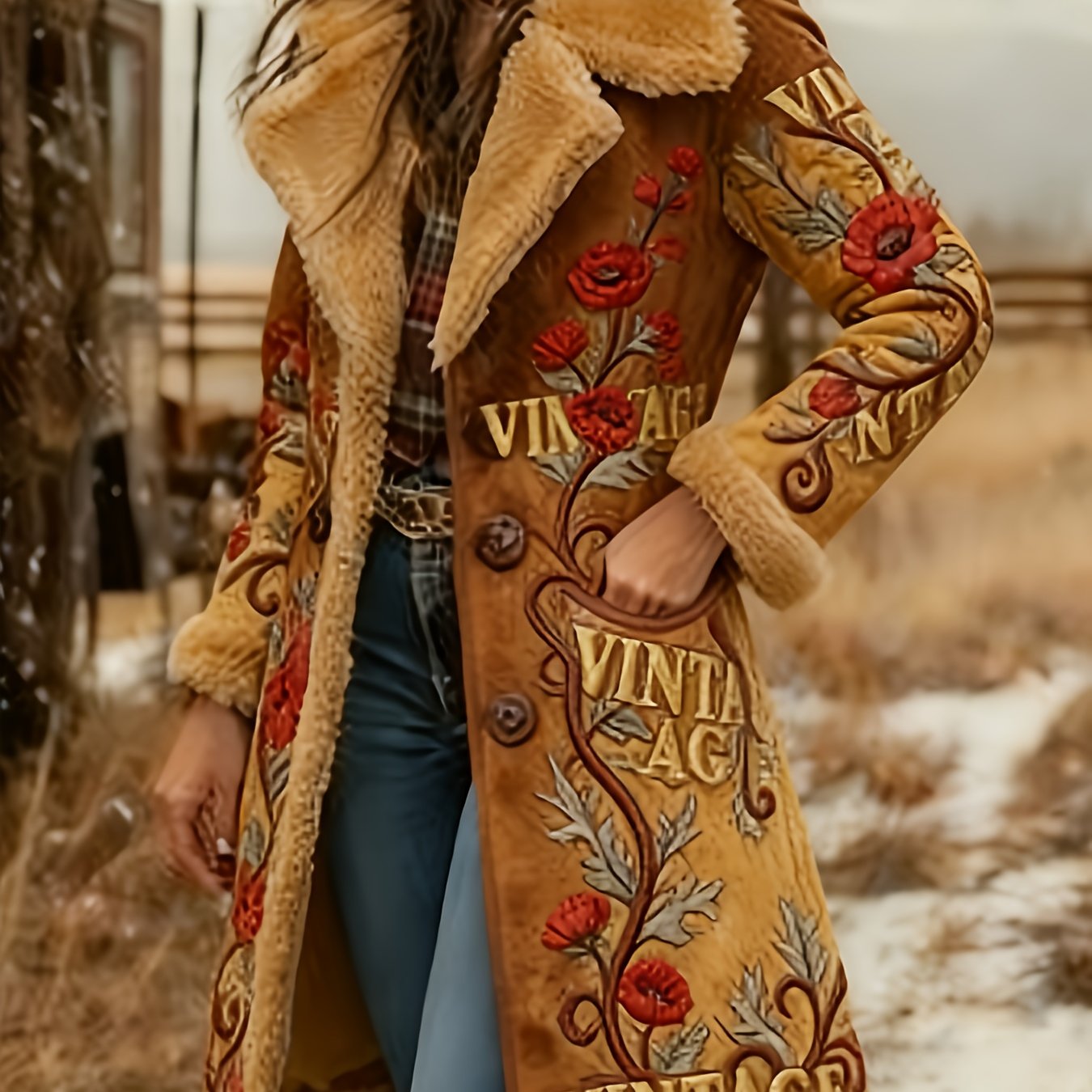 Printed Design Not Textured Ladies' Western Retro Style Autumn And Winter Warm Long-sleeved Retro Printed Jacket Coat - Western Printed Jacket Lapel Coat