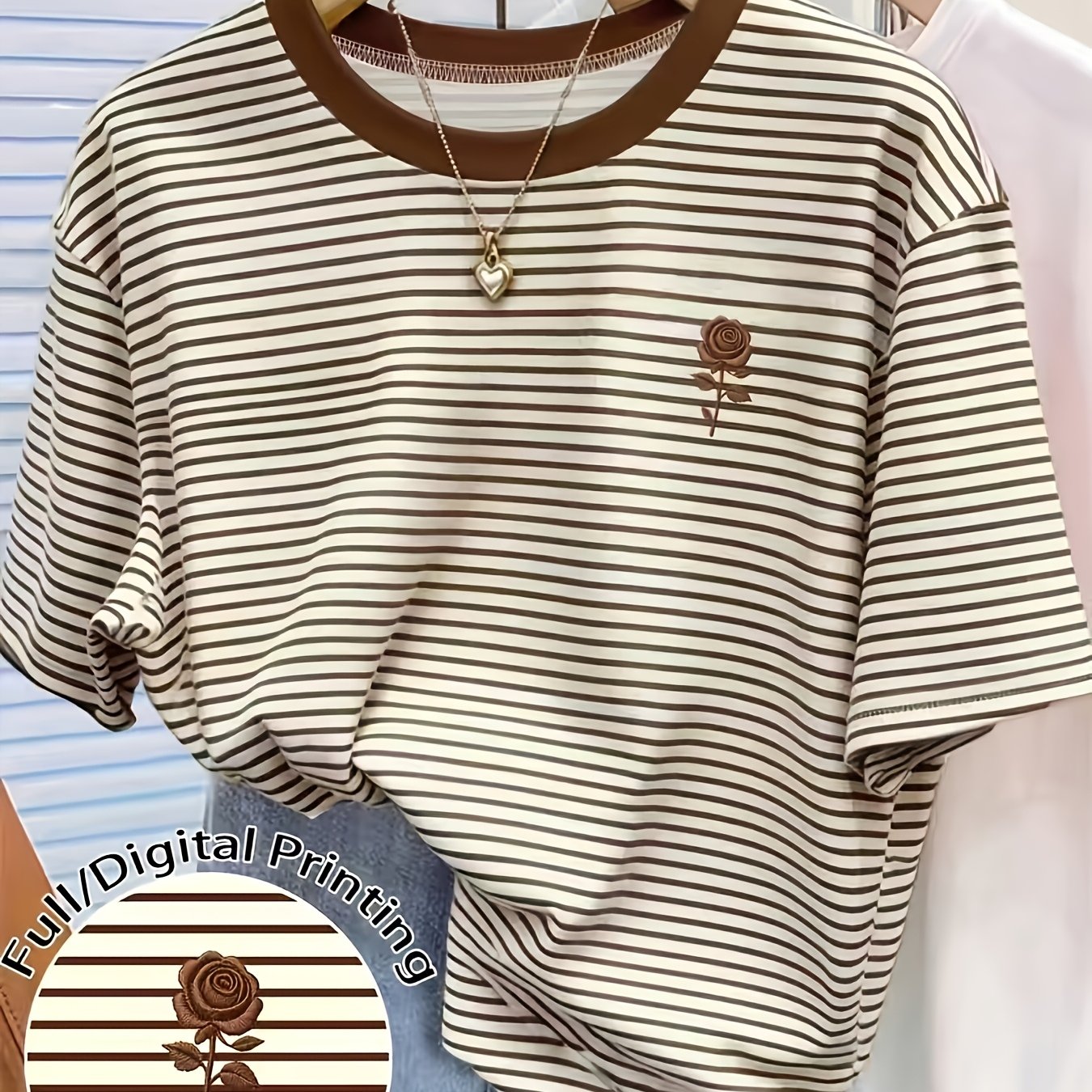 TEMU 브라운 앤 화이트 여성 로즈 프린트 라운드넥 반팔 티셔츠 스타일 여성 탑, 라운드넥, 슬림핏, 패셔너블하고 다재다능함