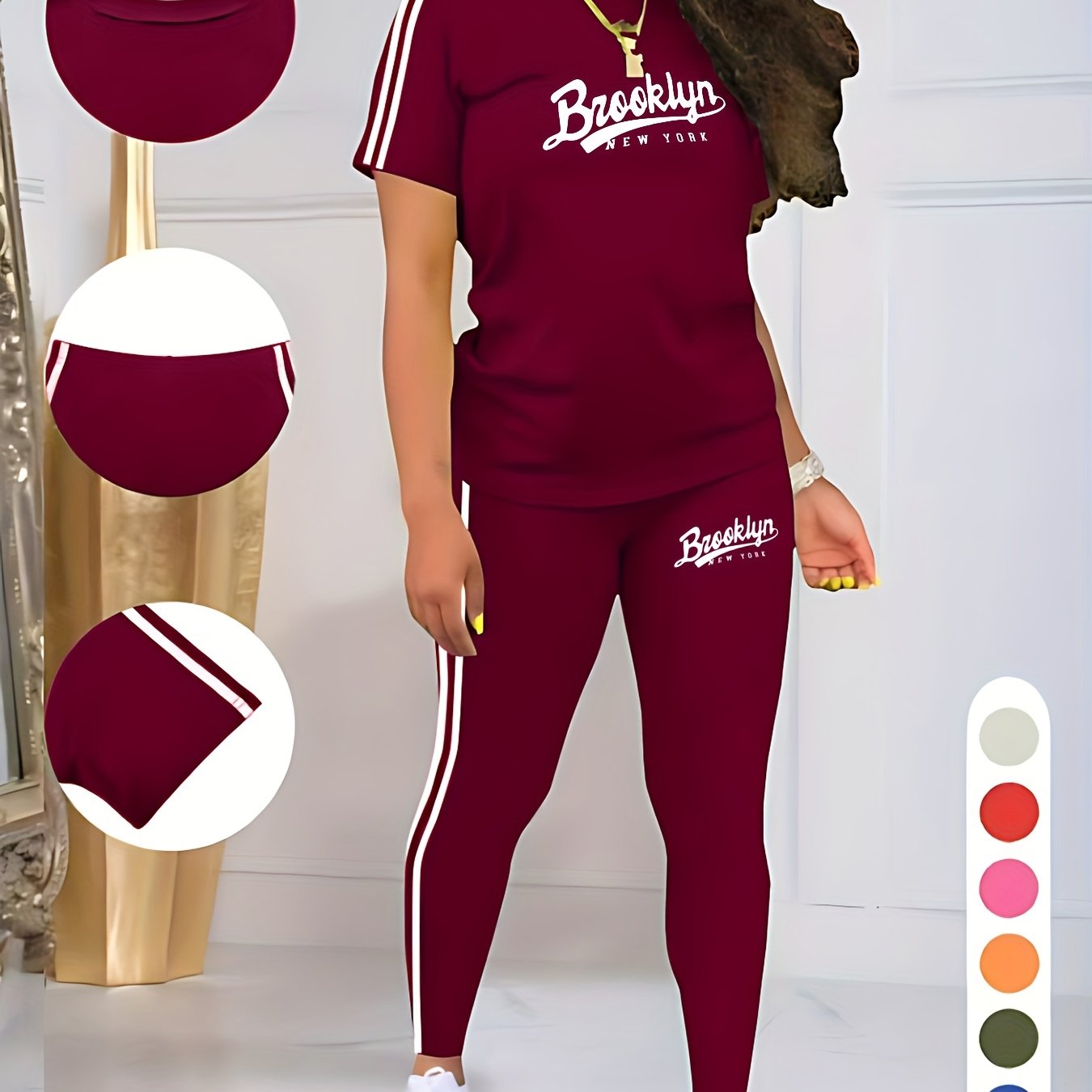 Image of Women's Casual Two-piece Set With Round Neck, Short Sleeves, And Long Pants Featuring Letter Prints