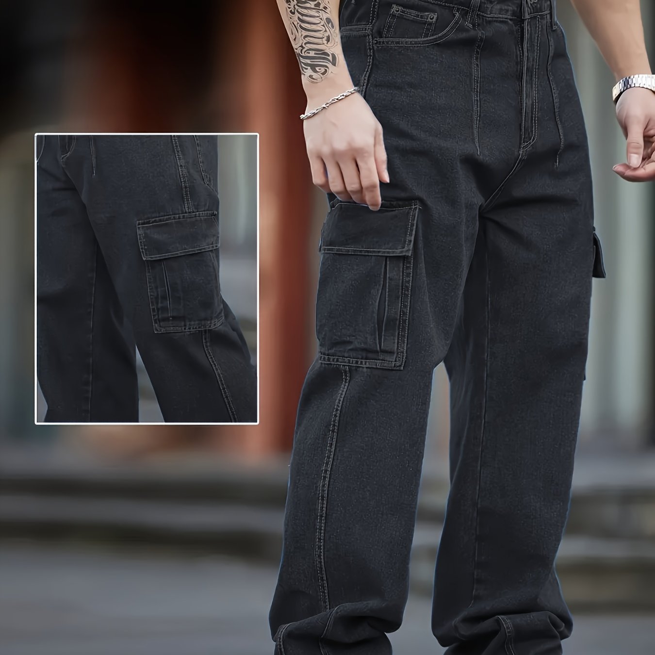 Men's Distressed Black Cargo Jeans - , Multi-, Loose Fit, Wide-leg Trousers Suitable For