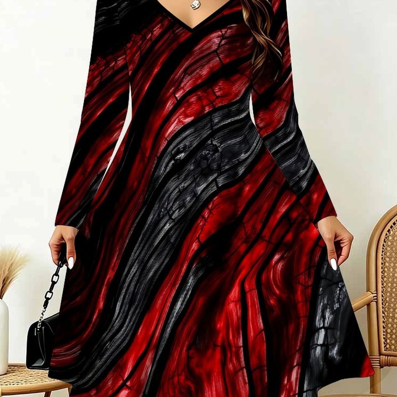 TEMU Grande Taille - Robe Élégante Femme Col en V Manches Longues. Asymétrique d'Ourlet pour Mettre en Valeur l'Attrait Féminin, Impression