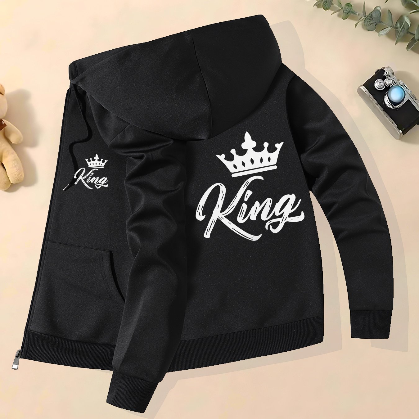 TEMU Men's Trendy Autumn And Winter Hooded Jacket Featuring Crown Print Elements, A Stylish And Versatile High-end Casual Jacket With A Collar For