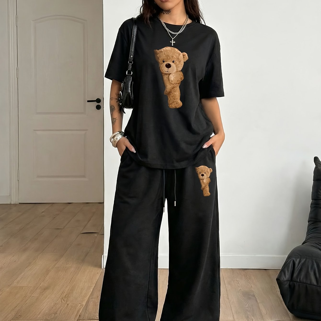 TEMU Women's 2pcs Set: Fun "peek-a-boo Bear" Cute Print Daily Casual Y Crew Neck T-shirt With Drawstring Loose Fit Long Pants. Soft, Comfortable,