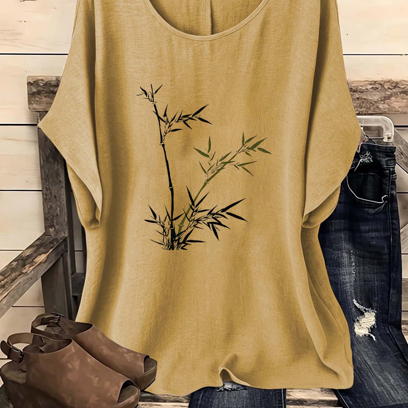 TEMU European And Easy Bohemian Style Retro Round Neck Short-sleeved Shirt, One-piece Women's Shirt, Retro Women's Clothing, Women's Shirt, Spring,