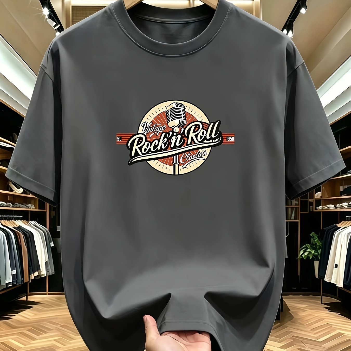 TEMU New T-shirt, Vintage Rock'ã»1950 Classic Echo Retro Rock T-shirt | A To Age Of Rock In 1950, This Unisex Crew Neck Short Sleeve Shirt Features A