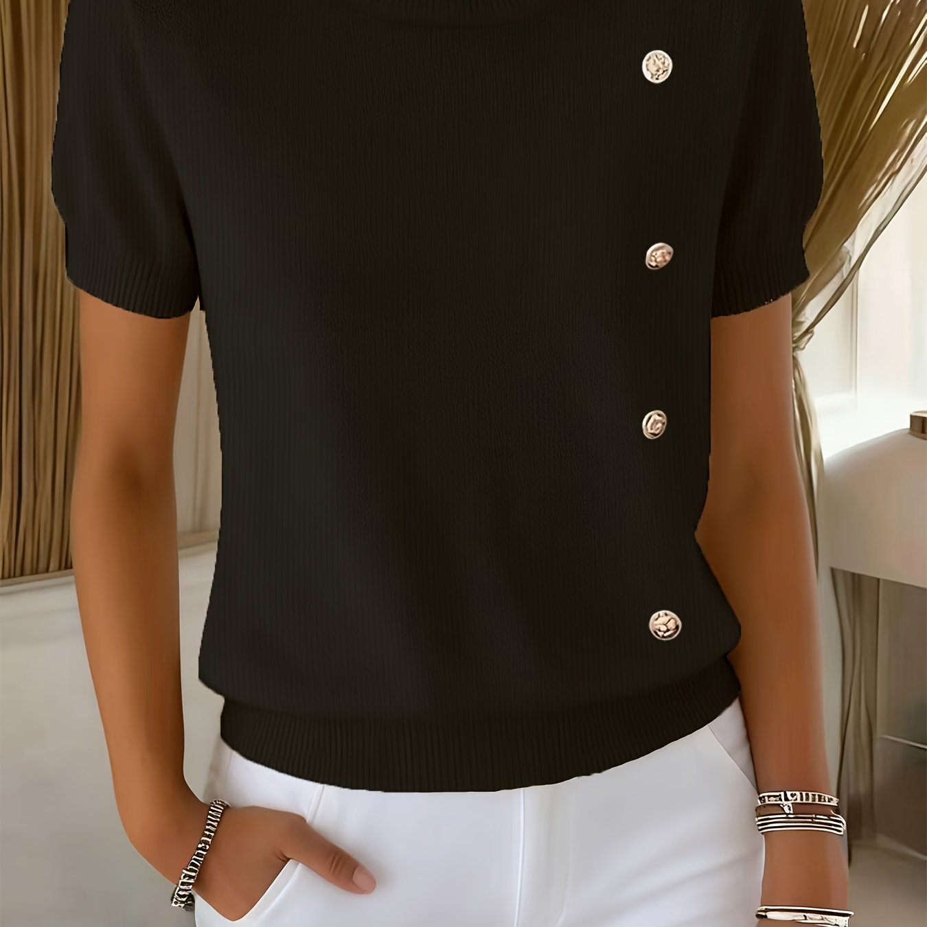 TEMU Women's Casual Swear Round Neck Short Sleeve Sweater, Versatile For And Commuting, Pretty Sweater