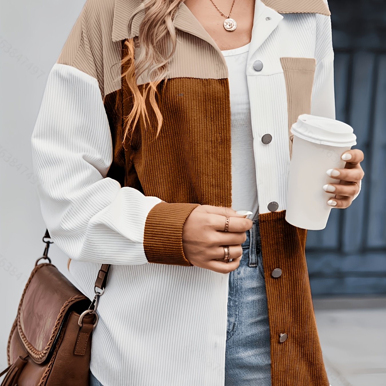 TEMU Women's New Casual Contrast Off-shoulder Long Sleeve Regular Jacket, Suitable For Spring And Autumn